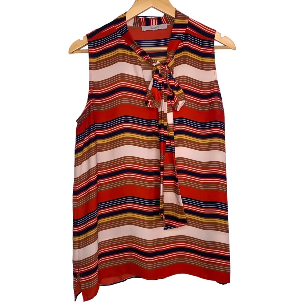 Ann Taylor Loft Tunic Top Women Size Large Sleeveless Stripe Ties At Neck *